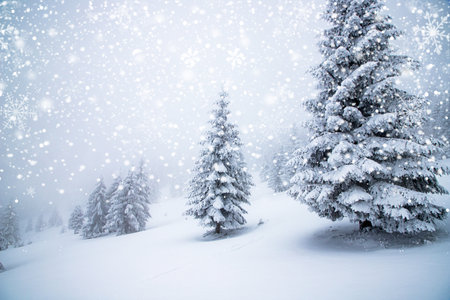 magical frozen winter landscape with snow covered fir treesの写真素材