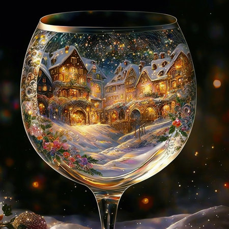 fairy tale christmas village inside beautiful champagne glassの素材
