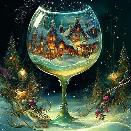 fairy tale christmas village inside beautiful champagne glassの素材