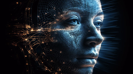 spiral of human silhouette face line and abstract elements on the subject of consciousness, the mind, artificial intelligence and technologyの素材