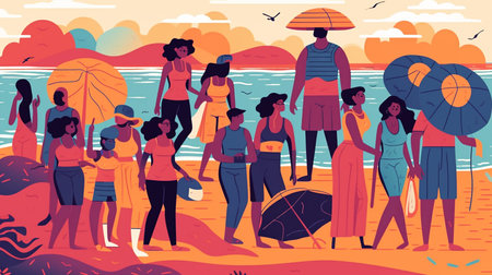 people on the beach cartoon styleの素材