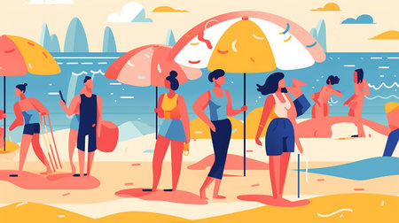 people on the beach cartoon styleの素材