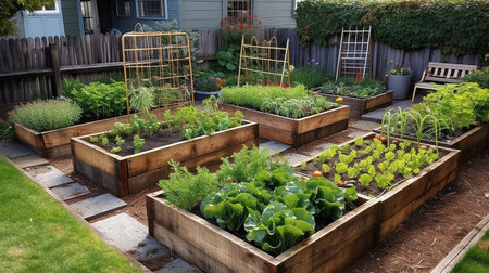 home gardening vegetables in raised bedsの素材