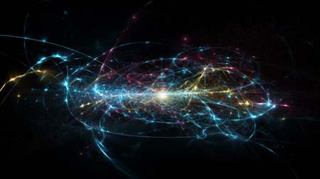 Particle, quantum entanglement (quantum correlation). Quantum mechanics . 3d illustrationの素材