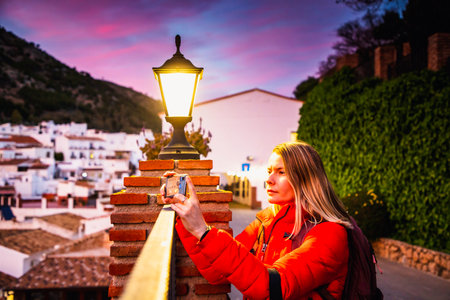 woman strolling in picturesque village of  Mijas. Costa del Sol  Andalusia  Spainの写真素材