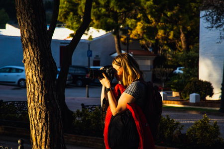 woman strolling in picturesque village of  Mijas. Costa del Sol  Andalusia  Spainの写真素材