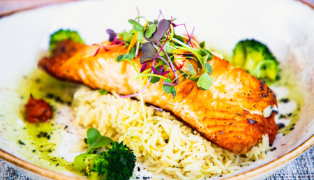 grilled salmon on a plateの写真素材