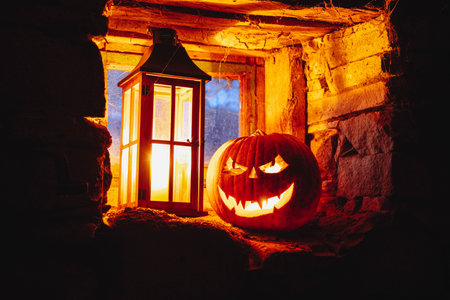 spooky Jack'o'lantern Halloween pumpkinの写真素材