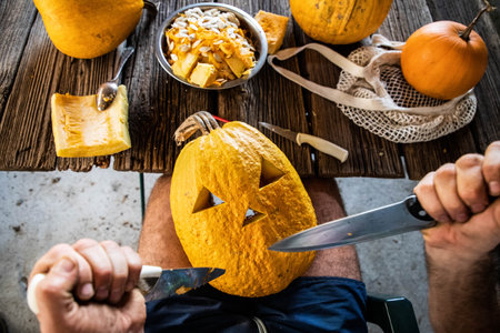 halloween pumpkins ready for carvingの写真素材