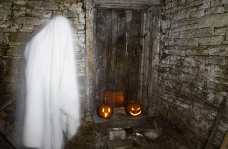 ghost in abandoned building Halloween backgroundの写真素材