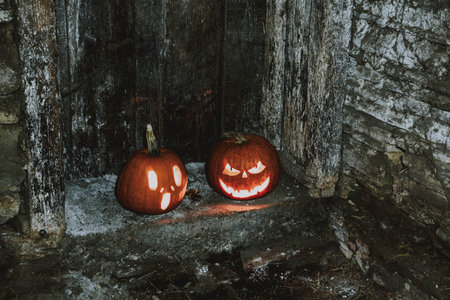scary Halloween background with Jack'o'lanterns and skeletonの写真素材