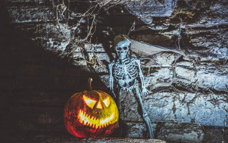 scary Halloween background with Jack'o'lanterns and skeletonの写真素材