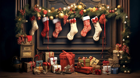 christmas stockings filled with giftsの素材