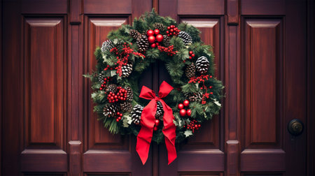 christmas wreath hanging on front doorの素材