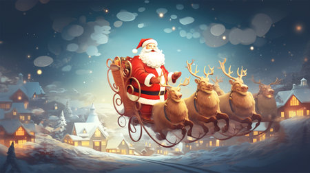 Christmas card with Santa Claus delivering giftsの素材
