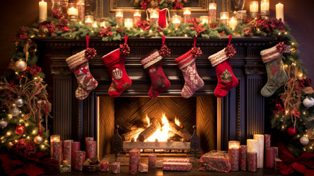 decorated christmas mantle with stockingsの素材