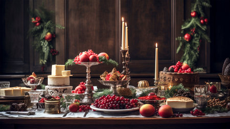 christmas table setting with holiday feastの素材