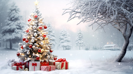 snowy Christmas scene with decorated treeの素材