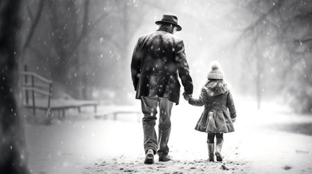 little girl with grandfather walking in snowの素材