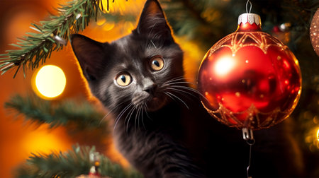 cat playing with a toy on Christmas treeの素材