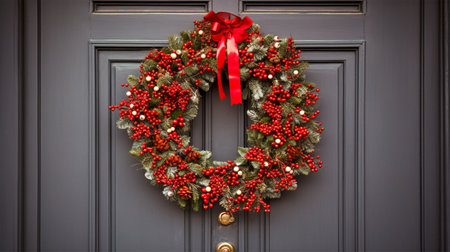 christmas wreath hanging on front doorの素材