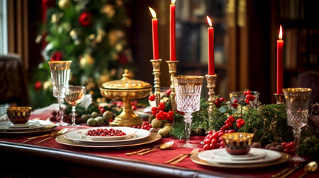 christmas table setting with holiday feastの素材