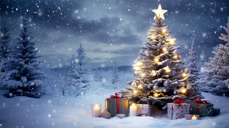 snowy Christmas scene with decorated treeの素材