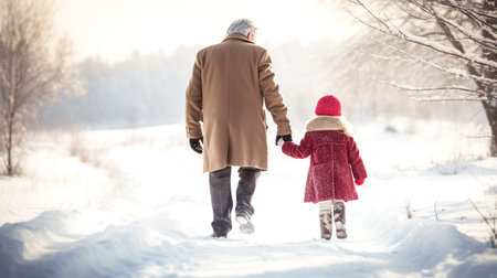 little girl with grandfather walking in snowの素材