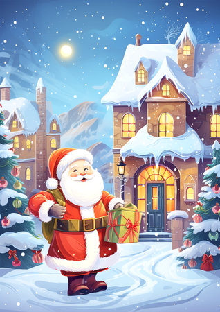 Christmas card with Santa Claus delivering giftsの素材