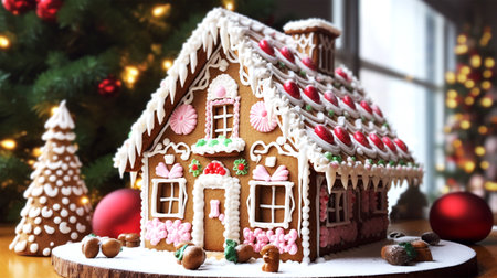 gingerbread house decorated with icing and candyの素材
