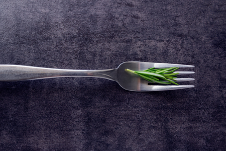 A sprig of rosemary on a fork. Concept - healthy food. Spices. Empty space.の写真素材