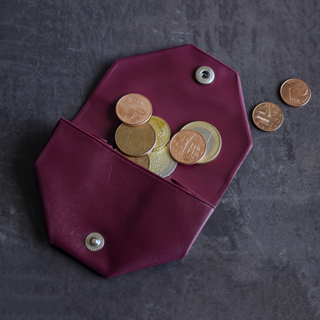 Coins in a small purse. Concept - costs, savings, shopping.