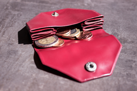 Coins in a small purse. Concept - costs, savings, shopping.の写真素材