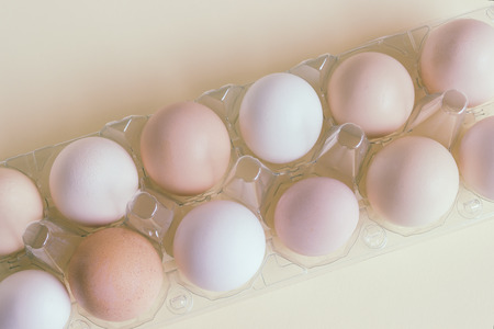 Fresh eggs from domestic chickens.  Concept- healthy food, organic products. Copy space.