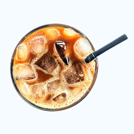  Iced coffee or caffe latte top view close up on white background. Concept of cold drinks.  top viewの写真素材