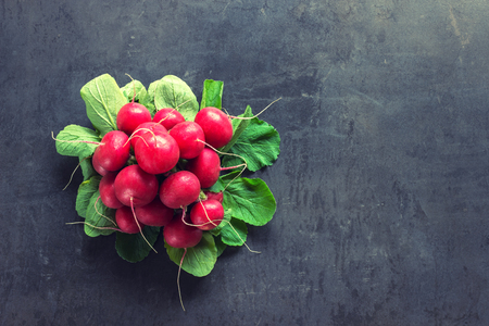 A bunch of radishes on a black stone. Creative layout. Concept-healthy food, vegetarianism, raw food.の写真素材