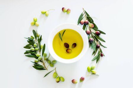 Olive branch and olive oil on light background. Ripe colorful dark and green olives on a branch. Copy space.の写真素材