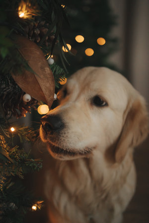 golden retriever for new year and Christmas in a country house