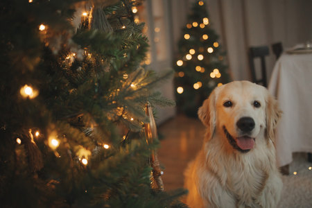 golden retriever for new year and Christmas in a country house