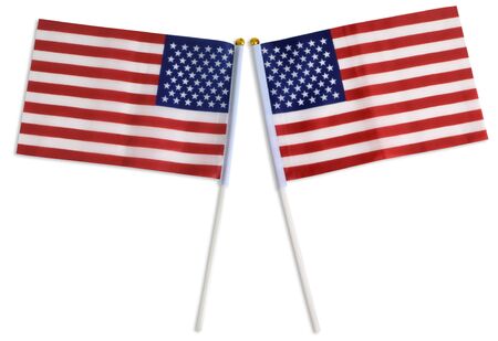 Two American flags isolated on a white backgroundの写真素材