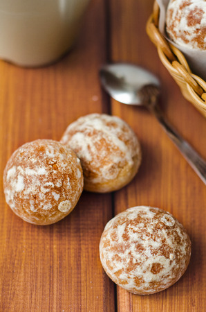 Russian honey-cake on wooden table with cupの写真素材