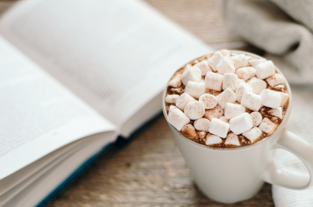 Hot cocoa with marshmallow and spices on wooden table with a gray knitted plaid. Cozy breakfast, autumn weekend.の写真素材