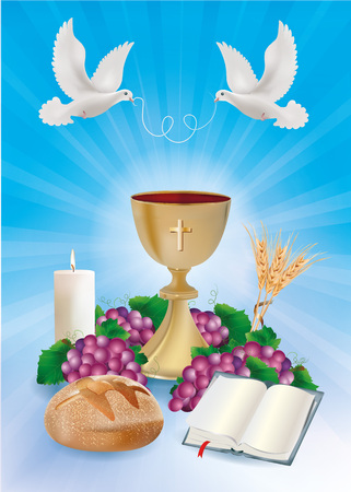 Blue background concept Christian symbols with golden chalice, bread, bible, grapes, candle, where, ears of wheatの写真素材