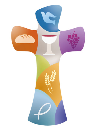 Cross with christian symbols on colorful backgroundのイラスト素材