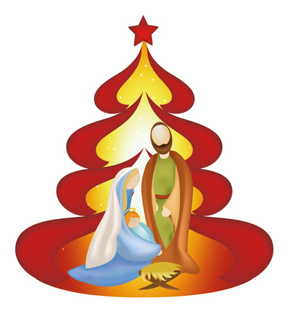 Christmas tree nativity scene with holy family Jesus jesus Mary on red backgroundのイラスト素材