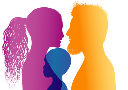 Young mom and dad adopt an African or African American child. Vector color profile silhouetteのイラスト素材