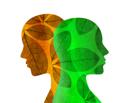 Split personality. Bipolar disorder mind mental. Mood disorder. Dual personality concept. Isolated silhouette with leavesの写真素材