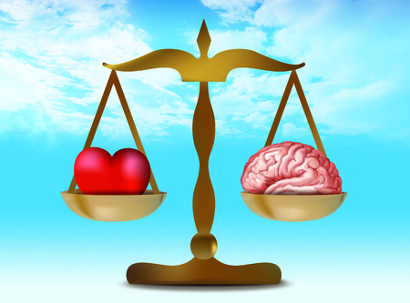 3d illustration with brain heart on balance. Sky whit nubes backgroundの写真素材