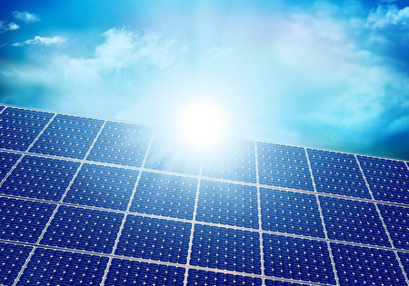 Solar photovoltaic panel with sun reflection. Background with sky and clouds. 3D illustration