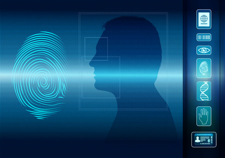 Biometric electronic system for the identification of individual identity. Fingerprint scan. Face of man in profile silhouette. Icons Id-eye-barcode-dna-passportの写真素材